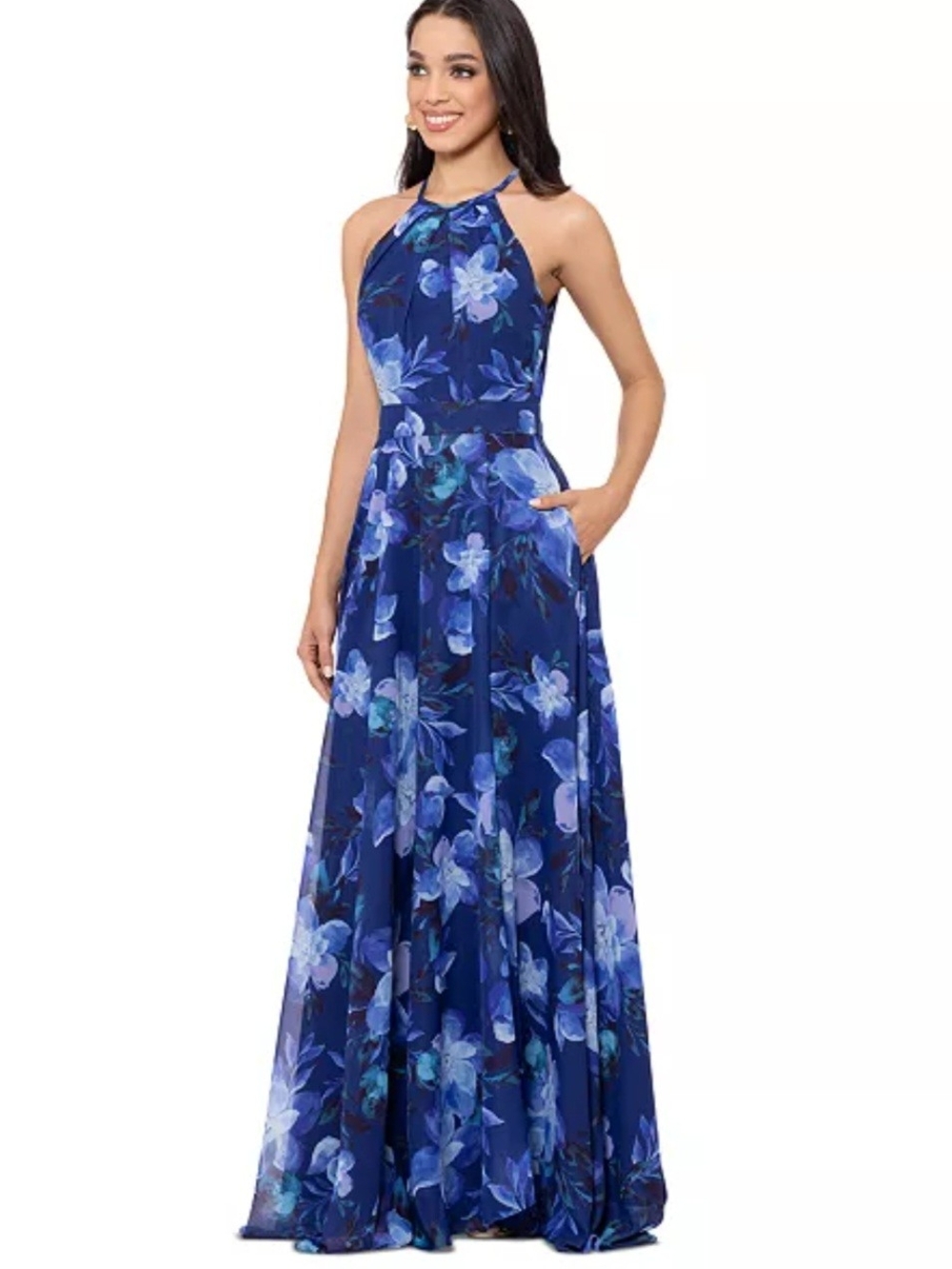 $179 Macy's Blue Floral Halter Maxi Evening Gown